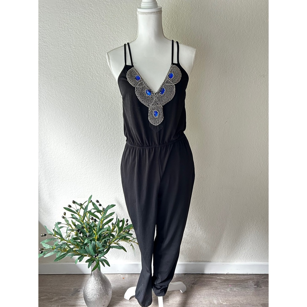 Charlotte Russe Black Beaded Gemstone V-Neck Jumpsuit Jogger Leg Womens Medium